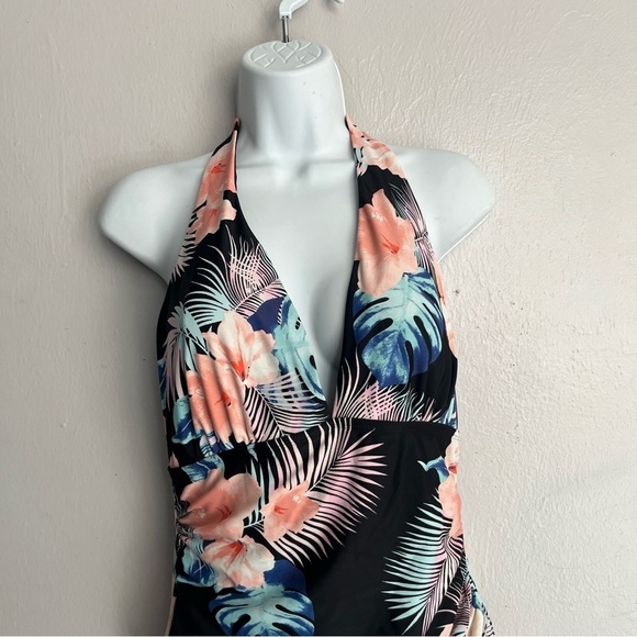 DKNY Ladies Halter Shirred Tropical Black Coral One Piece Swimsuit XL - Picture 7 of 16